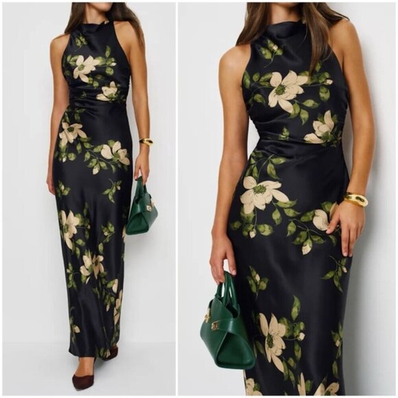 NEW Reformation Anaiis Silk Long Black Floral Backless Dress Mood for Love US 6 - Picture 3 of 16
